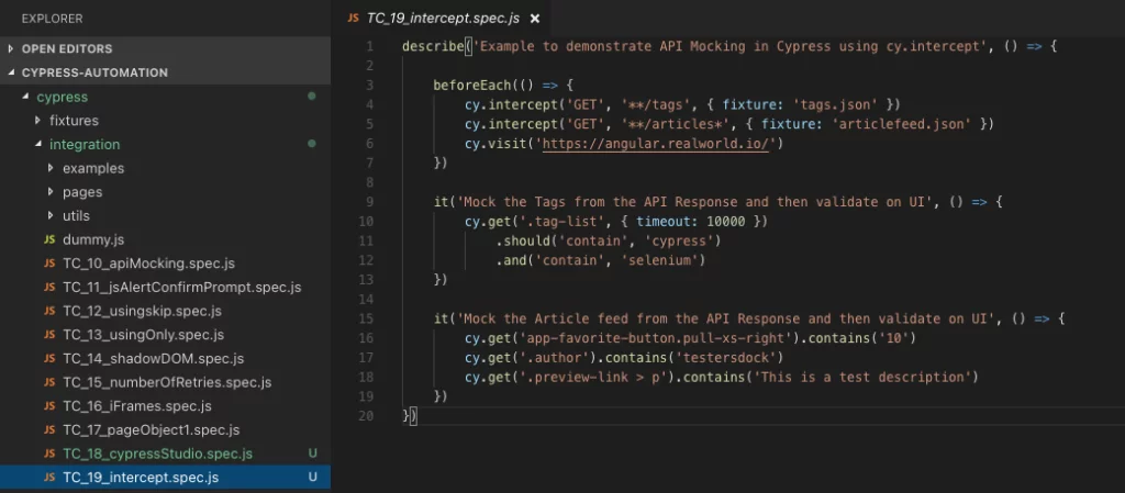 cypress mock api using intercept test script