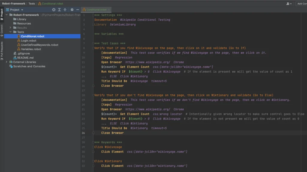 robot framework conditional if else test case